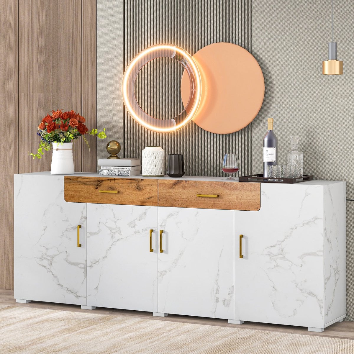 REDOM Sideboard Modern Wit Marmerlook met 4 Deuren en 2 Lades B: 208 cm, D: 39,5 cm, H: 80 cm