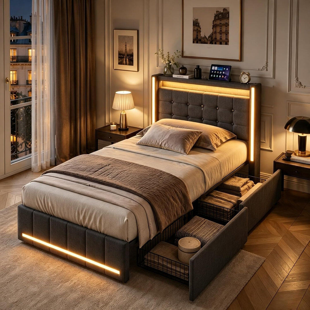 17 Stories Upholstered Bed with LED Lighting Grey 90*190cm