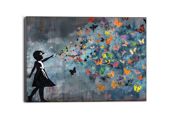 Wandbild REINDERS Streetart-Schmetterlinge , bunt (farbe bild(er): mehrfarbig), B:140cm H:100cm T:3,1cm, Bilder, Wandbild, Hobbyraum - Inspiriert von Banksy - Mehrfarbig - MDF - 140x100 cm