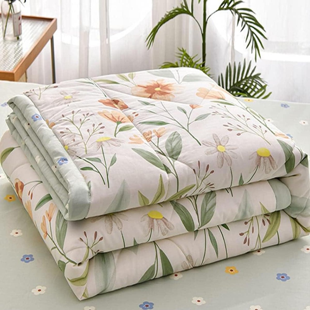 Gewatteerde sprei met groene bloemenprint - Omkeerbaar ontwerp - 180 x 200 cm