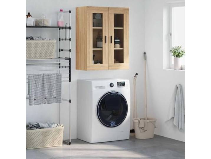 Jkghdrt Wandschrank Sonoma-Eiche Holzwerkstoff Hängeschrank mit Glastüren Wandmontage spart Bodenfläche, Glastüren staubgeschützt, vielseitig als Highboard nutzbar, robustes Holzwerkstoffmaterial