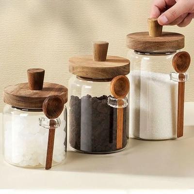 Uplift Essentials Artisan Borosilicate Glass Storage Jar With Integrated Wooden Spoon 14 Oz (4 In Height)