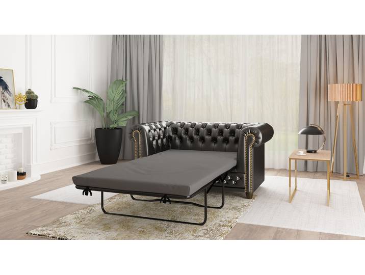 S-STYLE MÖBEL - Chesterfield Sofa 2 sitzer mit Schlaffunktion aus Schwarz veganem Leder mit Holzfüßen - Area - B/T/H: 148 cm/86cm/72cm