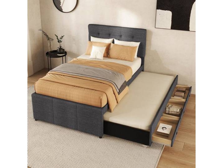 Lit rembourré 90x200 cm lit familial lit à trois tiroirs lit gigogne tête de lit réglable sans matelas gris