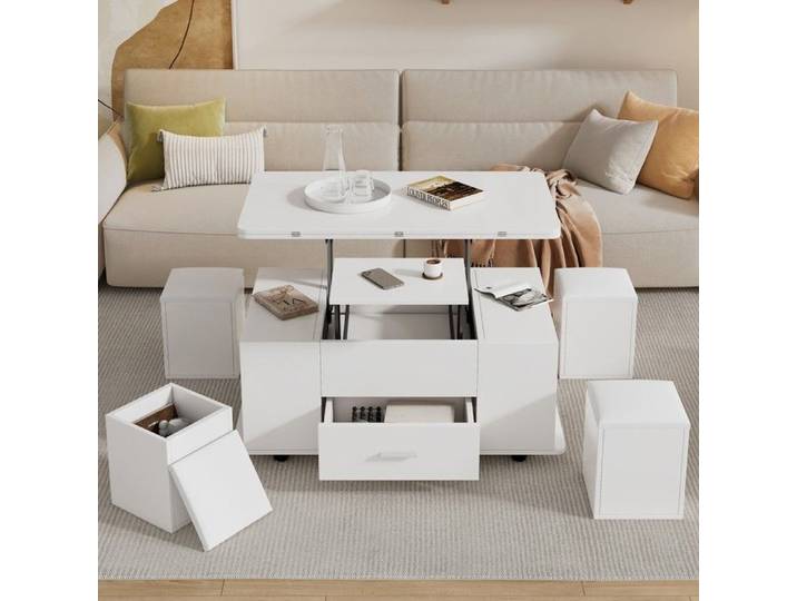 Table basse réglable - PAGE LIVING - Convertible 4 en 1 - Réglable en hauteur - 4 tabourets de rangement - Tiroir