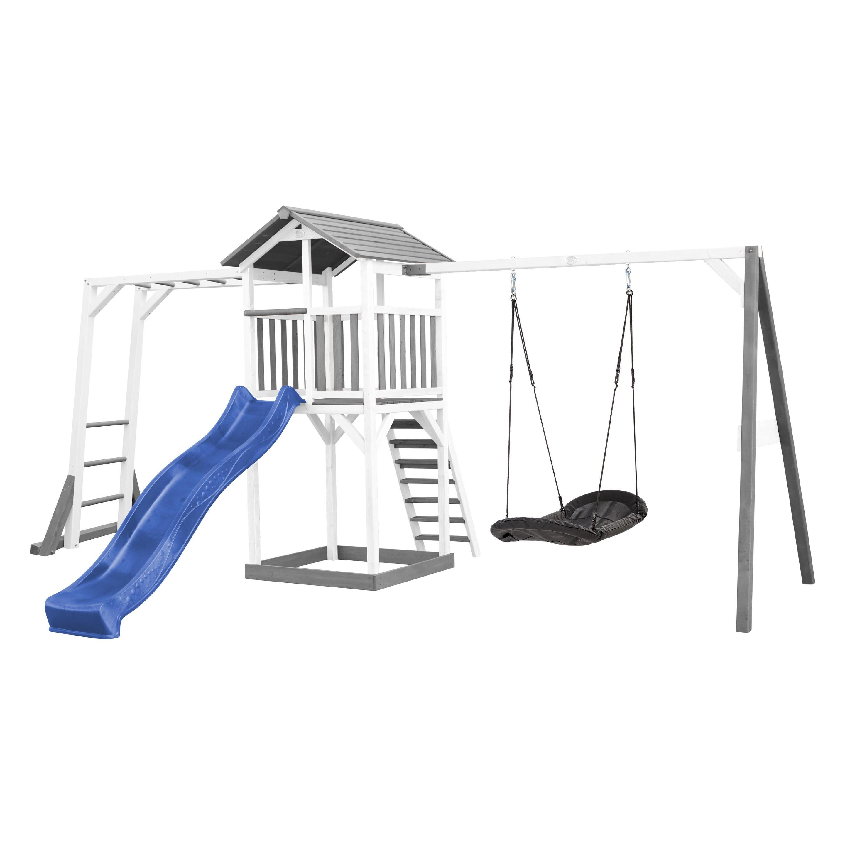 Axi Beach Tower Spielturm mit Klettergerüst und Roxy Nestschaukel - Blaue Rutsche (A025.134.32)