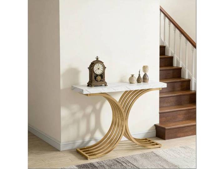 Console d'entrée avec plateau effet marbre et structure métallique dorée - pour entrée et salon - en métal - blanc