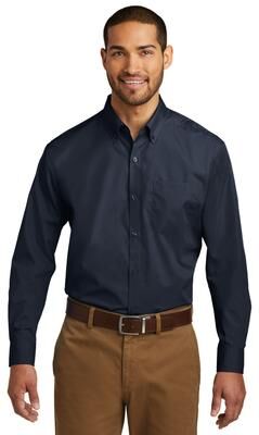 Port Authority W100 Long Sleeve Carefree Poplin Shirt in River Blue Navy size 4XL   Cotton/Polyester Blend