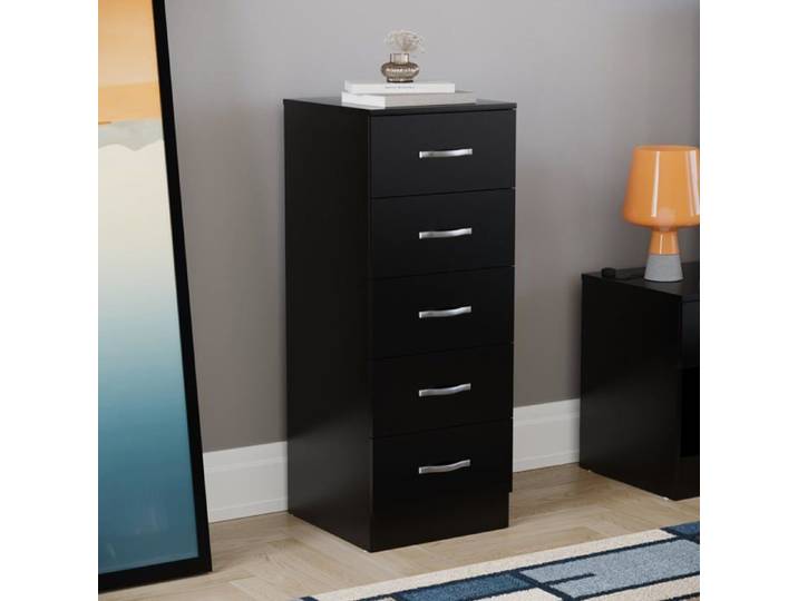 Commode étroite noire Riano avec 5 tiroirs poignées et glissières en métal – Meuble de chambre