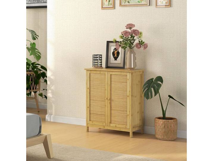 CollaHausse Buffet Style Bohème Rotin et Bambou 2 Portes Étagère Intérieure Bois 60x27x67 5 cm