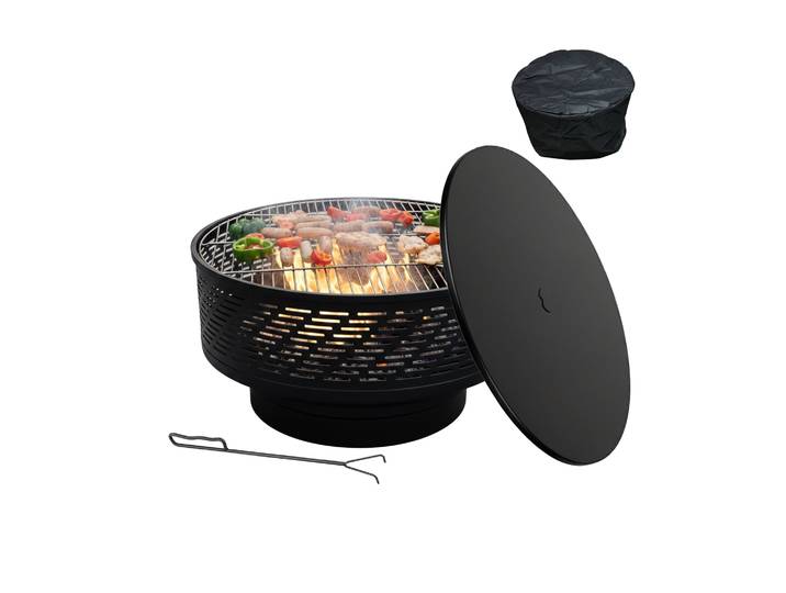 Feuerschale mit Deckel und Grill Schwarz