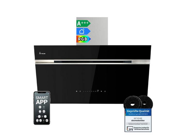 KKT KOLBE Wandhaube Dunstabzugshaube 90cm AURORA9005SE RGBW Ambientebeleuchtung Kopffreihaube / Umluft / Abluft / Smarte WiFi-App / Schwarz / Glas