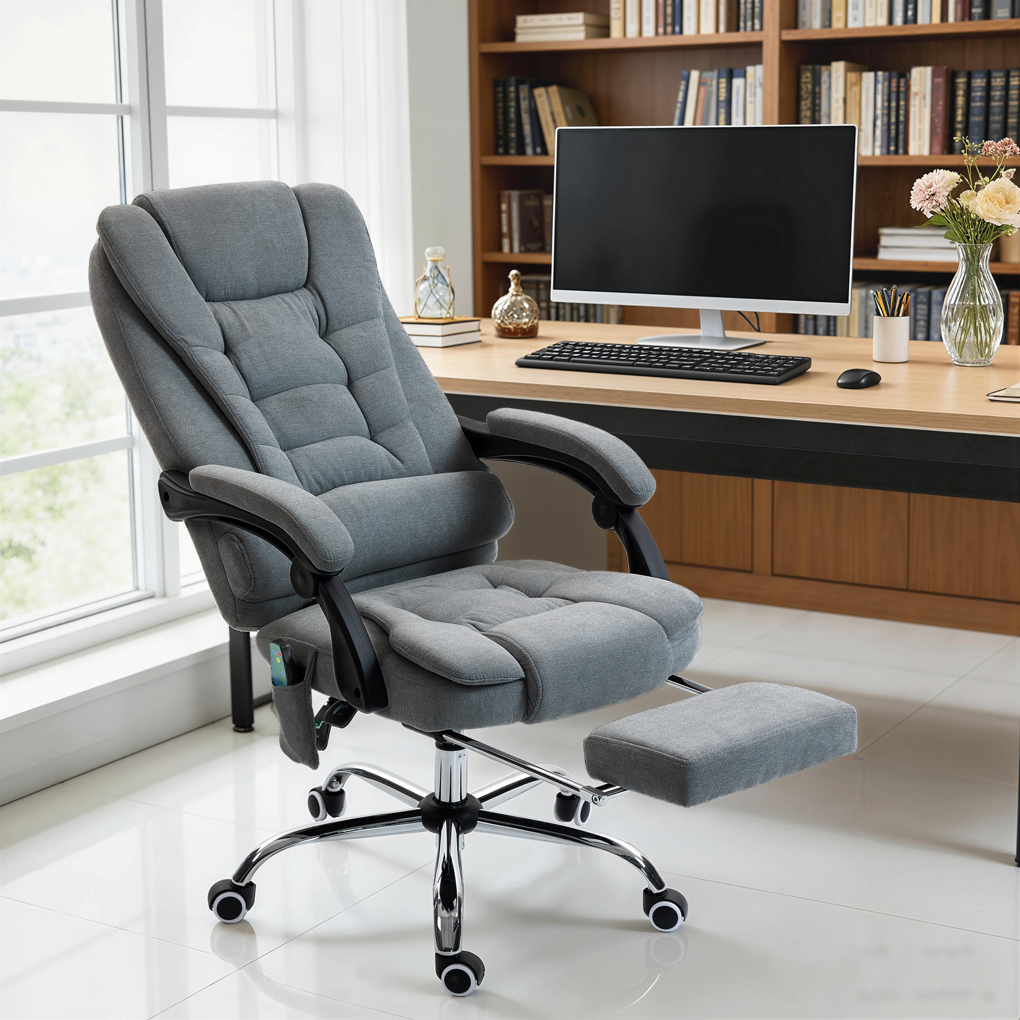 Vinsetto Poltrona da Ufficio Massaggiante e Riscaldante, Sedia da Ufficio, Altezza Regolabile, Schienale Reclinabile, 65x70x111-119cm, Grigio   Aosom Italy