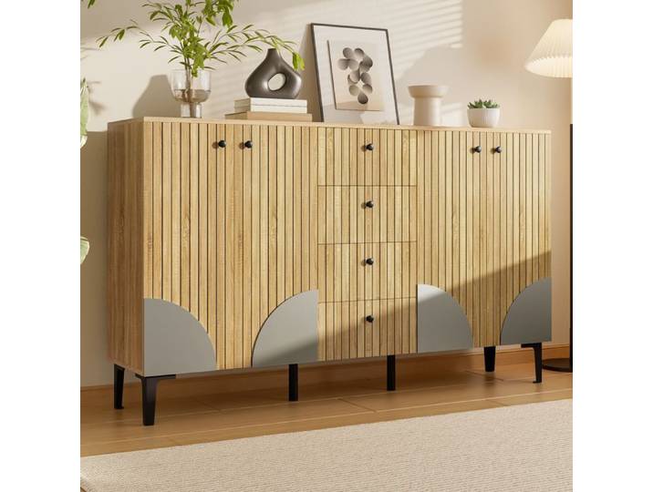 Buffet - Moderne - 4 portes - 4 tiroirs - Bois naturel - 160x36x94 cm