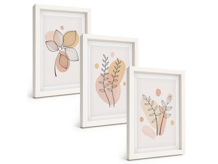 BILDER SET 3er Set - 20x30 cm Weißer Rahmen - Pastellfarbene Pflanzenzeichnungen