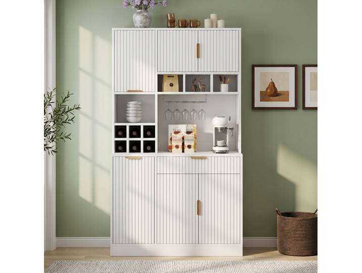 Meubliv Buffet Haut 100x40x175 Cm Blanc – Prise Intégrée\, Range-bouteilles Et Porte-verres