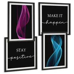 BILDER SET 4er Set - 50x50 cm & 40x60 cm Schwarzer Rahmen - Neonlinienwellen im Hintergrund
