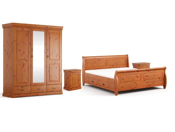 Feldmann-Wohnen Schlafzimmer-Set Toskania, (4-teiliges Set, mit Schubladen, mit Türen, mit Spiegel, 4-tlg., moderne Optik, mit Schubladen, mit Türen, mit Spiegel), 4-teilig Massivholz gebeizt 180x200cm Kiefer Natur