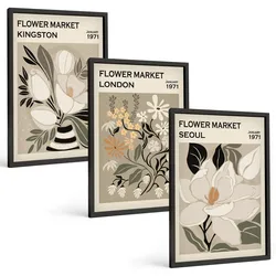 BILDER SET 3er Set - 40x60 cm Schwarzer Rahmen - Retro-Blumen aus Städten rund um die Welt