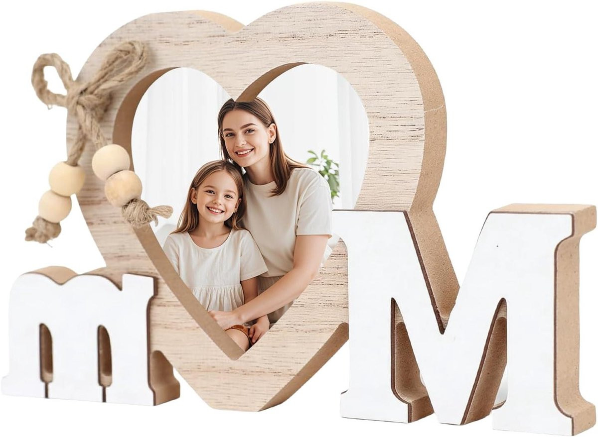 Gepersonaliseerde hartvormige houten fotolijst voor mama - Houtkleur