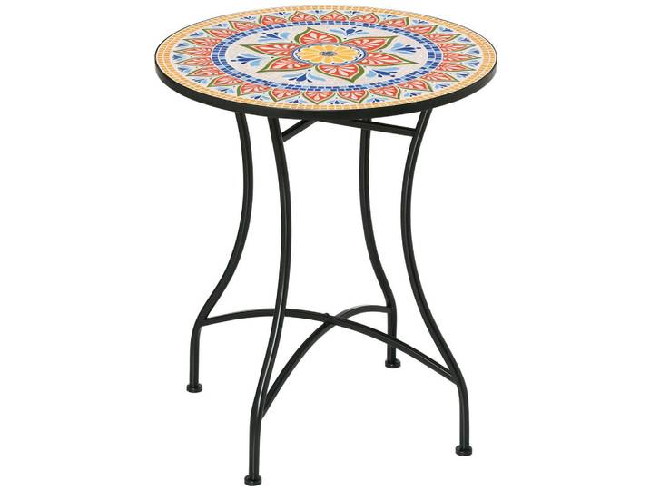 ComfortXL Gartentisch De-07304 rund mit Mosaik-Tischplatte Rot/Blau/Weiß, Rot, Blau, Weiß, Keramik, Metall, 60x71x60 cm, Gartenmöbel, Gartentische, Gartentische