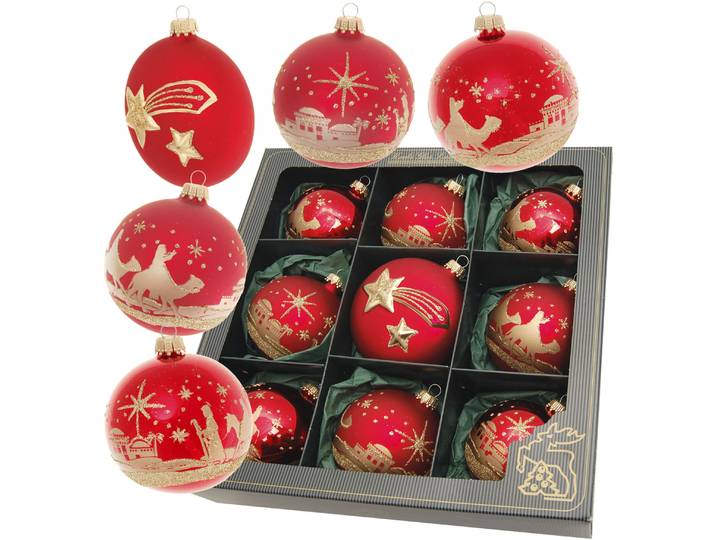 Weihnachtsbaumkugel KREBS GLAS LAUSCHA Bethlehem Xmas Night, 8 Kugeln, 1 Taler mit Komet & Stern, 8 cm , rot, Ø:8cm, Glas, Weihnachtsbaumkugeln, Weihnachtsbaumkugel, Weihnachtsdeko, Christbaumschmuck, Christbaumkugeln aus Glas
