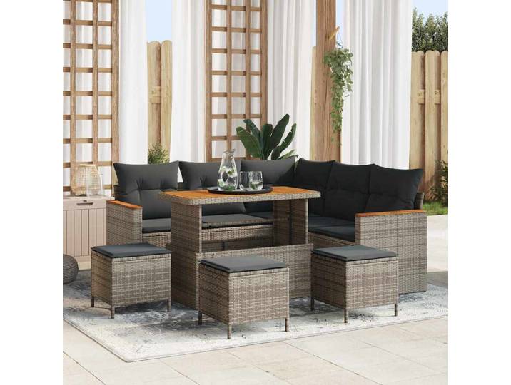 vidaXL Garten-Sofa-Set mit Kissen mit Speicher Grau Poly Rattan