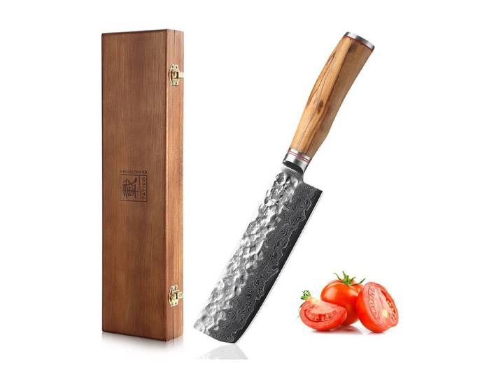 ZAYIKO Asiamesser Minami Damast Nakirimesser Küchenmesser 17 cm Klinge Olivenholzgriff, Damaststahl, VG10-Kern, Hammerschlag