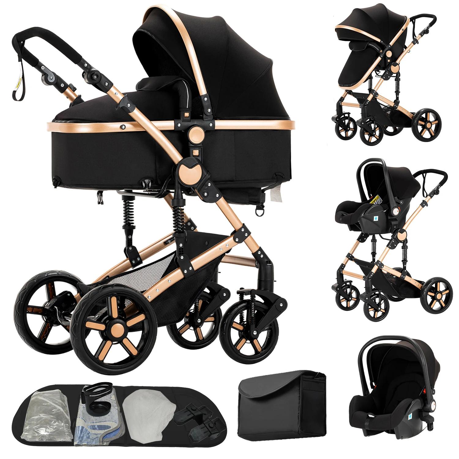 3-in-1 Kinderwagen - B588 Kombikinderwagen - Babyschalenkompatibel - Wendbare Babywanne - Einhand-Faltung - Stoßdämpfende EVA-Räder - Belastbar bis 20 kg - Schwarz/Gold
