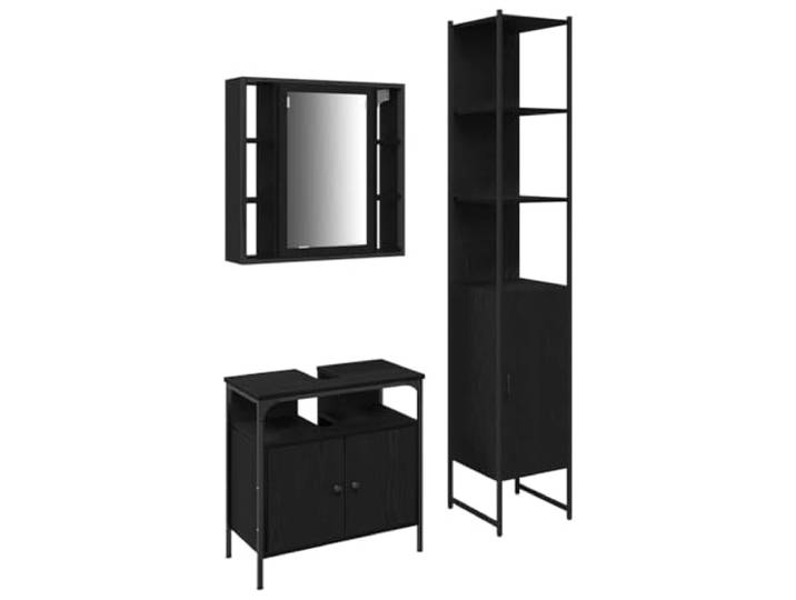 Fisinber Badezimmermöbel-Set 3-tlg Schwarz Eichen-Optik Holzwerkstoff Stilvolles Badmöbel Set fürs Gästebad mit Spiegelschrank, Waschtischschrank und hohem Schrank aus Holzwerkstoff.