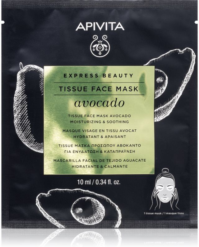 Apivita Express Beauty Moisturizing Tissue Face Mask Avocado Feuchtigkeitsspendende Tuchmaske zur Beruhigung der Haut 10 ml