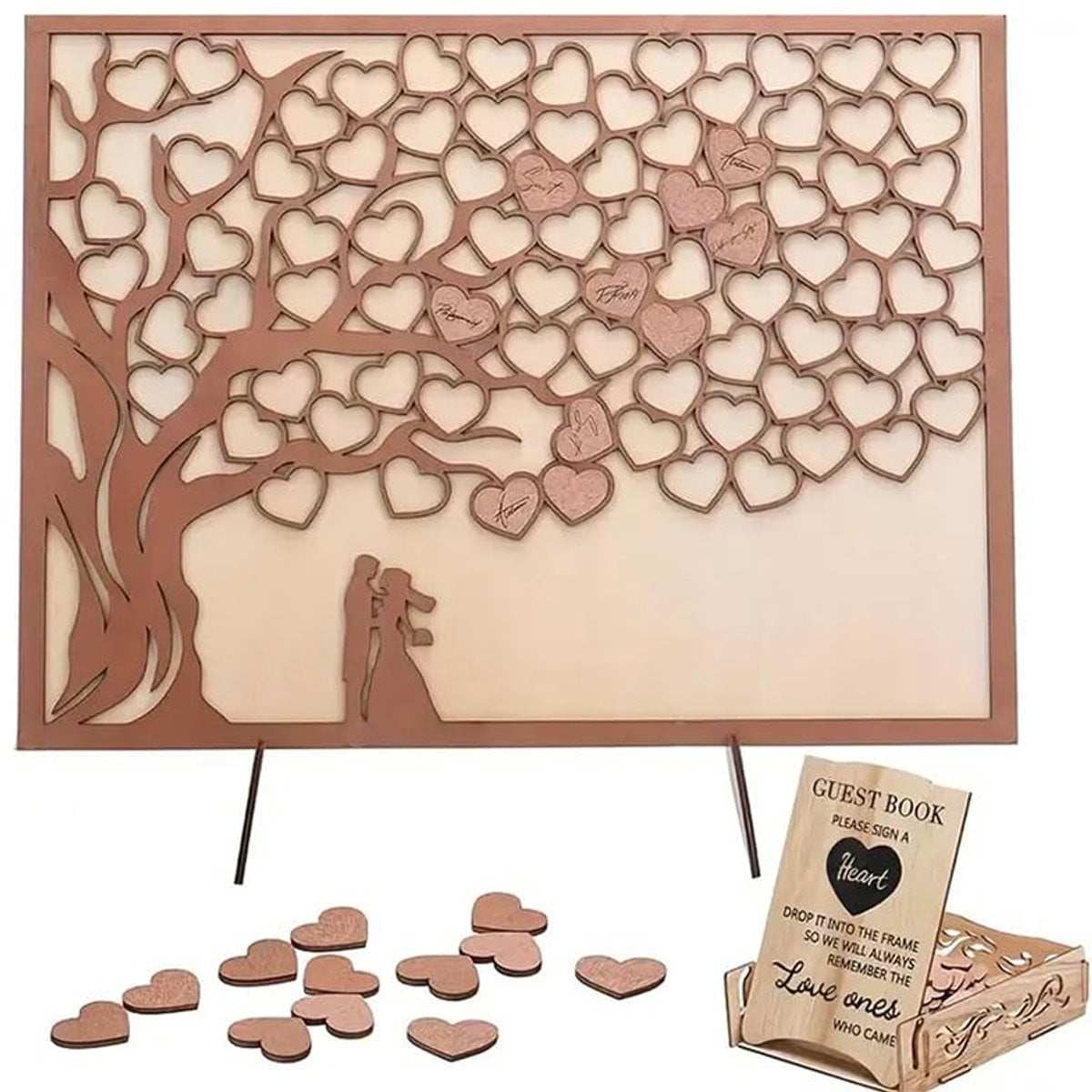 Houten Hartjesboom Gastenboek Set met decoratieve houten opbergdoos - Bruin