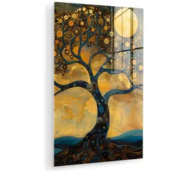 ACRYLGLASBILD Baum - Mond - Blumen - Gold - Kunst Wanddeko Wohnzimmer 40x60 cm