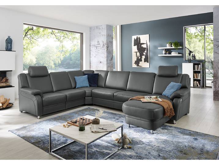 Wohnlandschaft Samento Grau Echtleder Tomma 336 x 91 x 239cm Ottomane davorstehend rechts Kopfstütze verstellbar/Schlaffunktion/Relaxfunktion