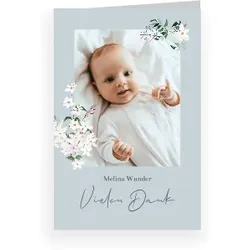 Dankeskarte Baby: Zarter Zweig mit Foto in Hellblau