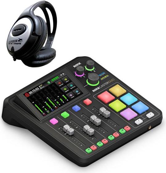 Rode Rodecaster Pro Duo Podcast Station mit Kopfhörer
