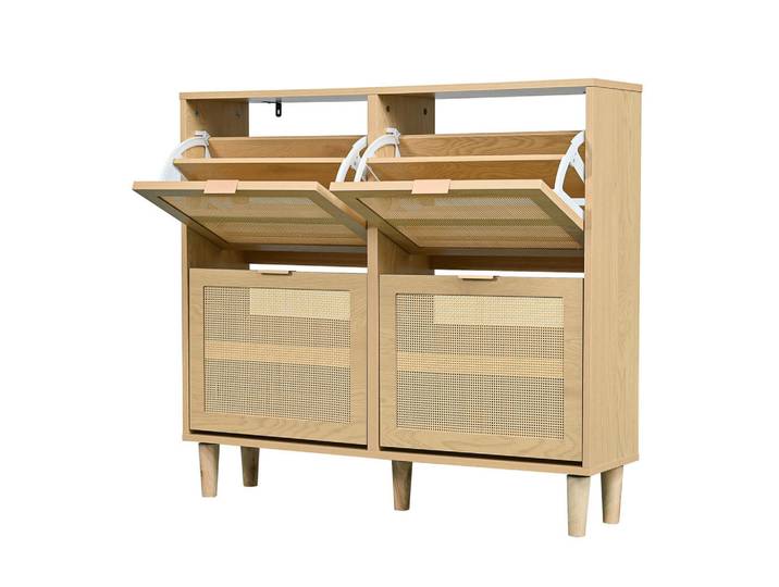 Flieks Schuhschrank Rattan 4 Klappen Landhausstil 100x25x90cm, Eichefarben, 100x90x25 cm, Garderobe, Schuhaufbewahrung, Schuhkipper