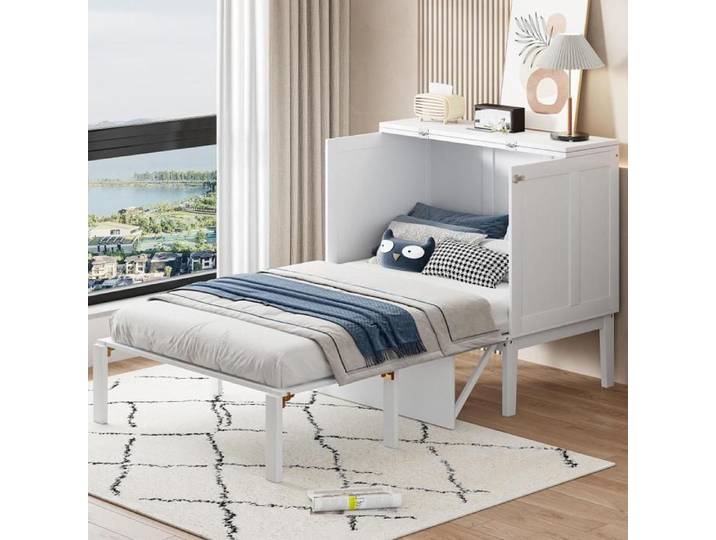 Lit escamotable Lit enfant 90x200 cm Lit mural Vertical Lit armoire Lit simple Blanc