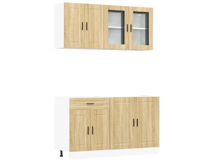 KUPTYERFG 4-TLG Küchenschrank-Set Porto Sonoma-Eiche Holzwerkstoff Flexibles 4-teiliges Schrankset für die Küche mit verstellbaren Füßen, Glasvitrine und viel Platz für Geschirr und Töpfe.