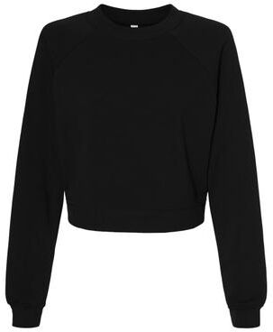 Bella + Canvas B7505 Women's Crop Raglan Fleece Crewneck Sweatshirt in Black size Small   Cotton/Polyester Blend 7505