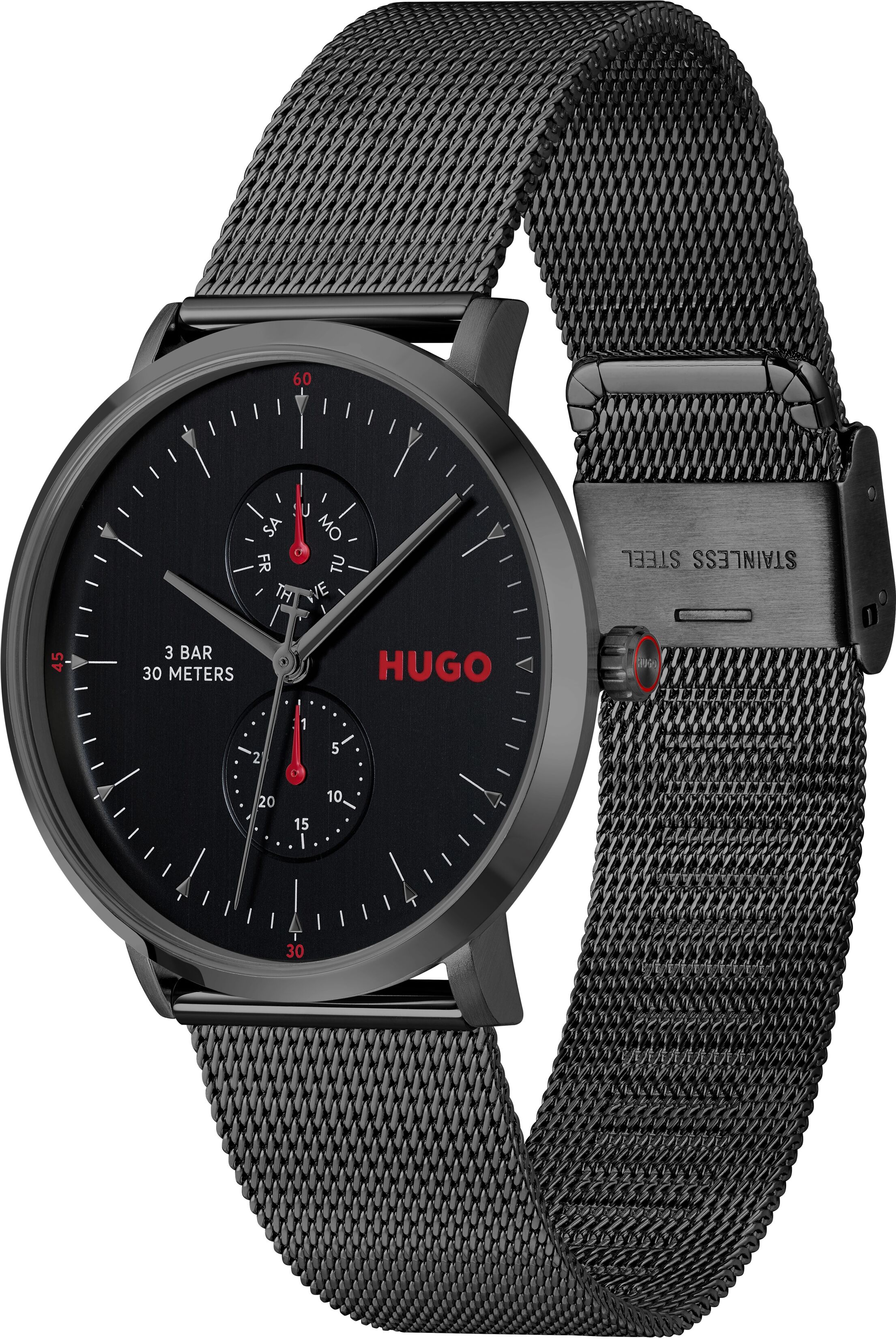 Multifunktionsuhr HUGO "STYLE", schwarz (schwarz, schwarz), Armbanduhren, Herren, schwarz, Multifunktionsuhr, Quarzuhr, Armbanduhr, Herrenuhr, Edelstahlarmband, analog