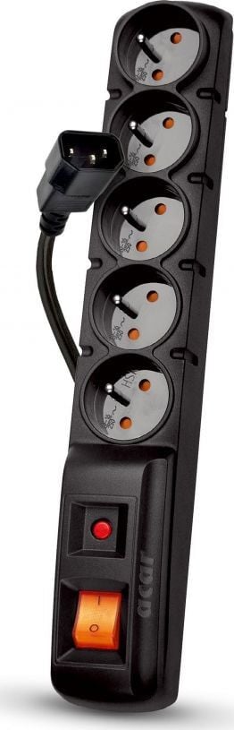 Acar F5 IEC Stroomverdelers met overspanningsbeveiliging, 5 stopcontacten, 5 meter, zwart