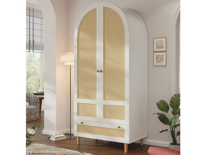 Modenuit Armoire 80x50x180 cm blanche en MDF design arche effet rotin penderie et tiroir