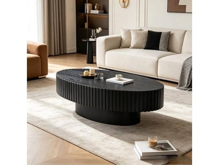 100cm Ovaler Couchtisch Aus Holz Mit Geriffelter,Schwarz Oval Ovaler Couchtische Mit Geriffelter,Moderner Trommelförmiger Beistelltisch Aus Holz Für Wohnzimmer Und Wohnung