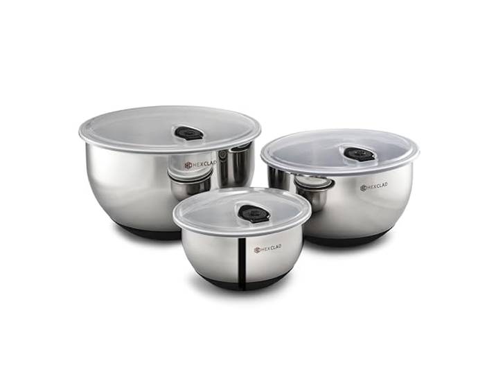HexClad Edelstahl-Rührschüssel-Set 3-teilig – mit Deckel 1,5/3/5 l, rutschfeste Silikonbasis, vakuumversiegelte Deckel, stapelbar, spülmaschinengeeignet