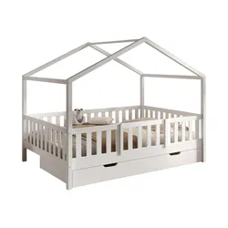 HAUSBETT Kapua 140x200 Bettschublade Rausfallschutz Kiefer massiv weiß