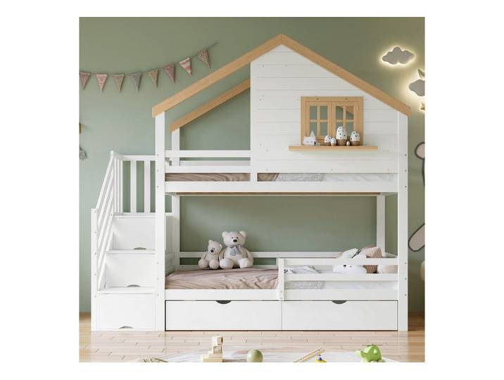 Flieks Etagenbett, Kinderbett Hausbett 90x200cm mit 2 Schubladen, Fenster, Rausfallschutz