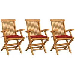 vidaXL Gartenstühle mit Roten Kissen 3 Stk. Massivholz Teak