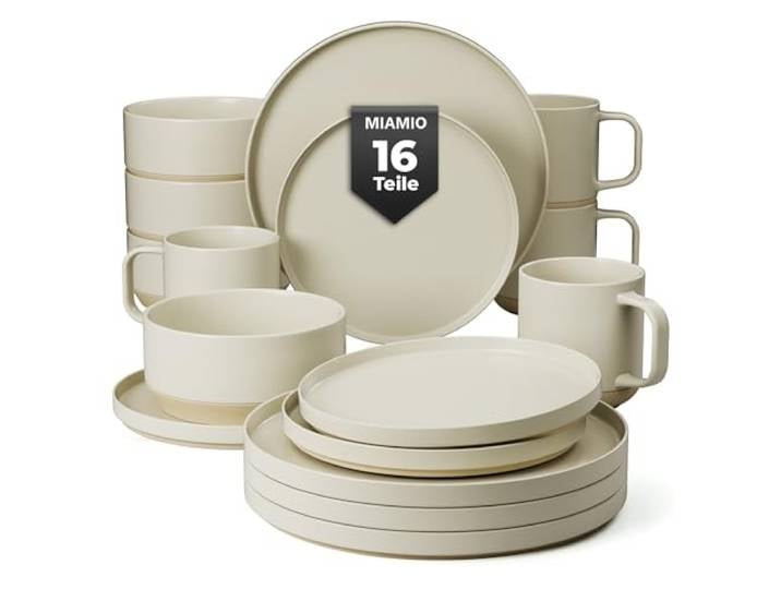 MIAMIO - Geschirrset 16er Set - Sierra Collection (Beige) Modernes Tafelservice Steingut / große & kleine Teller, Schüsseln & Kaffeetassen, Keramik Geschirr Set - spülmaschinenfest