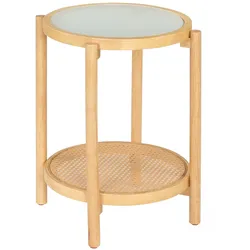 COSTWAY Couchtisch mit Glas & Rattan, runder Beistelltisch mit Stauraum, Nachttisch Akazie, 47,5x47,5x58 cm, Natur